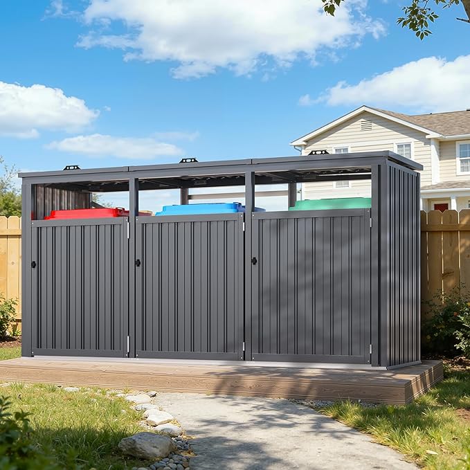 AECOJOY Outdoor Trash Can Storage Shed for 3 Garbage Cans, 73 Cu.Ft Outside Garbage Can Storage Sheds & Outdoor Storage Clearance, Dark Grey Outdoor Horizontal Storage Cabinet Waterproof