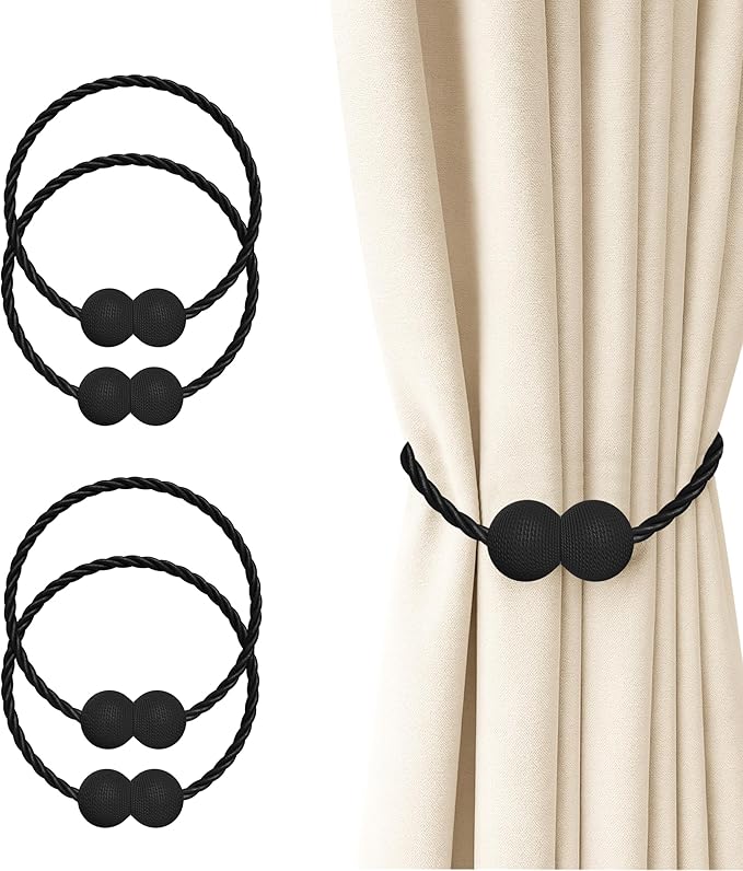 Hion Magnetic Curtain Tiebacks 4 Pack, Nickel-plated Metal and Polyester, Black