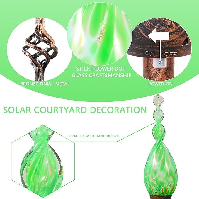 Solar Garden Lights Outdoor, Decorative LED Flame Garden Stakes, Hand Blown Glass and Outdoor Waterproof Glass Stakes (Green)