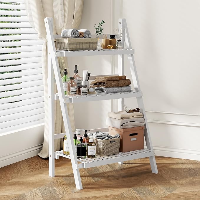 Bamboo Bookshelf 3-Tier Ladder Shelf, 39.4” Freestanding Open Bookcase Book Shelf Bathroom Storage Shelf Unit Plant Stand for Small Space, Living Room, Bedroom, Home Office, White