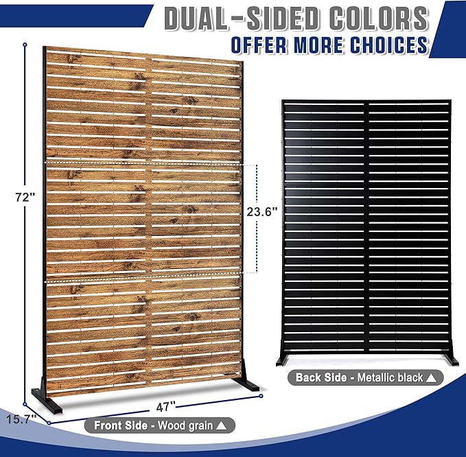 Metal Privacy Screen, 72" H×47" W Outdoor Privacy Screen, Freestanding Decorative Privacy Screen for Deck Balcony Patio, Natural Wood Brown