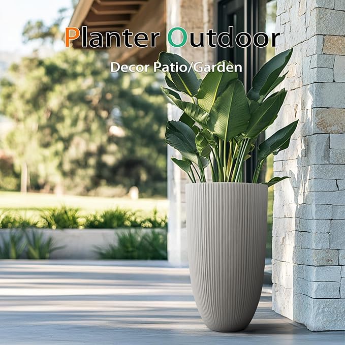 Tall Planters for Outdoor Plants, Large Concrete Flower Pots for Garden Front Porch, Patio, Indoor (Vertical Gray)