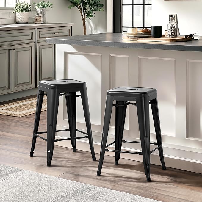 Yaheetech 24 Inch Metal Barstools Set of 4, Counter Height Backless Stools, Industrial Stackable Bar Chairs with Footrest for Kitchen/Dining Room/Bistro/Patio, Black