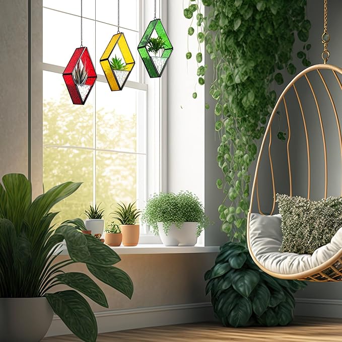 Yaomiao 3 Pcs Stained Glass Hanging Plant Terrariums Hanging Glass Planter Small Geometric Terrarium Air Plant Terrarium with Chain for Succulent Moss Holders Garden Wall Windowsill (Bright Color)