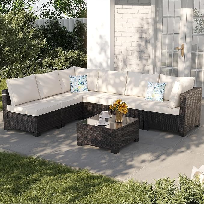 7 Pieces Outdoor Conversation Sectional Rattan Sofa, Patio Furniture Set, with Wicker and Cushions for Garden and Backyard (Brown/Beige)