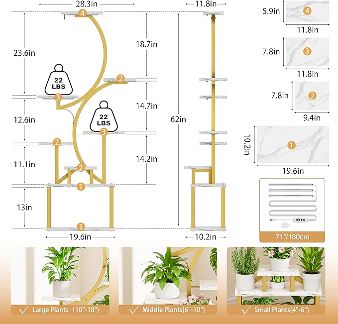 Plant Stand Indoor with Grow Lights - 62" Tall Plant Shelf, Lighted Corner Plant Stands for Indoor Growing, 8 Tiered Large Flower Holder, S-Shaped Plants Rack for Living Room, Bedroom, Faux Marble
