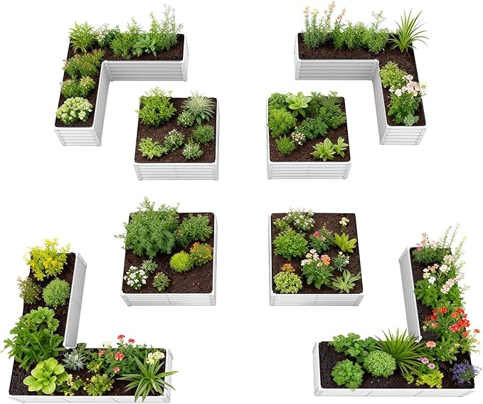 A ANLEOLIFE Set of 8, 18 Inch Tall Antique White Raised Garden Beds Kit, L-Shaped & Square Metal Planters – Ideal for Structured Backyard Layouts