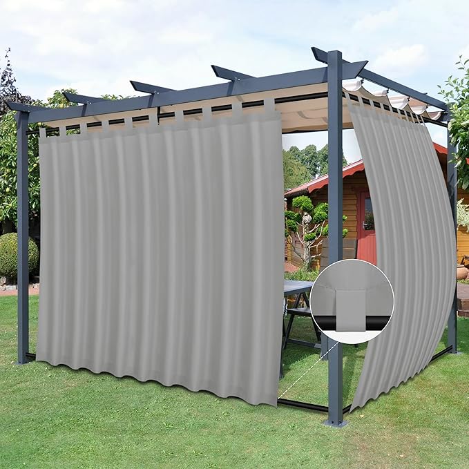 Easy-Going Outdoor Patio Curtains Detachable Tab Top Windproof Weatherproof Curtain for Cabana, Porch, Pergola and Gazebo, Tab Bottom Drape, 2 Panels, 110W x 108L inch, Light Grey
