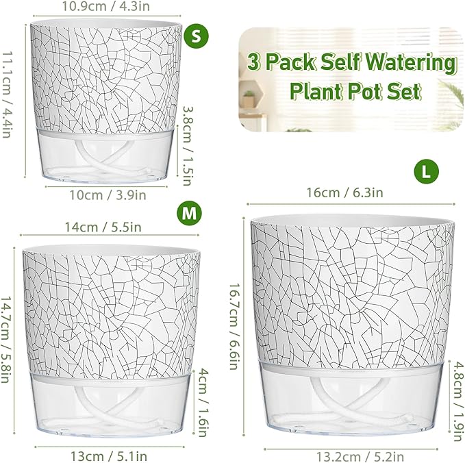 3 Pack Self Watering Pots for Indoor Plants, 4+5.5+6.3 Inch Self Watering Plant Pots, Flower Pots with Wick Rope and Reservoir - Crack Texture