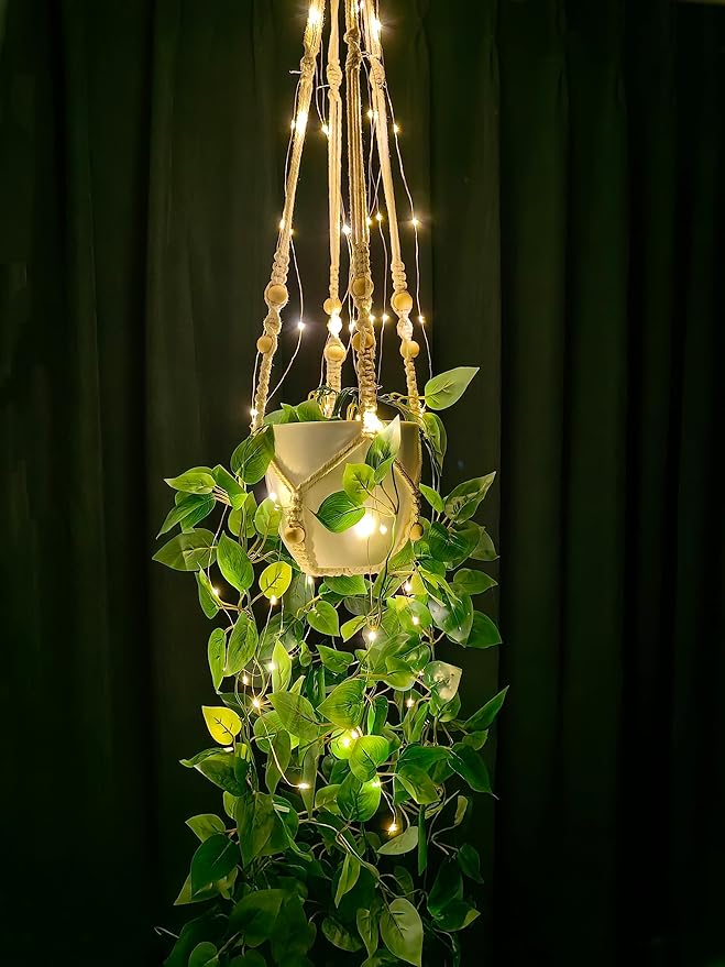 2 Packs Fake Hanging Plant with lights Artificial Plants with Pots for Home Decor Macrame Plant Hanger with Faux Vines Greenery for Bedroom Bathroom Room Ceiling Wall Boho Decor Indoor Outdoor
