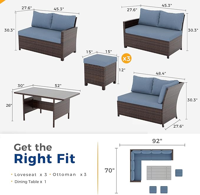 Wisteria Lane 7 Piece Patio Furniture Set, High Curved Back Wicker Patio Sectional, All Weather Outdoor Dining Set, Outdoor Furniture Patio Conversation Set with Ottoman, Blue