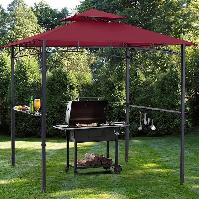 ABCCANOPY 8'x 5' Grill Gazebo Shelter, Outdoor BBQ Gazebo Canopy with LED Light (Burgundy)