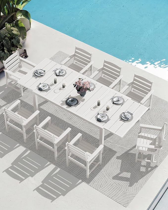 SERWALL 7-Piece Patio Dining Sets, 60" - 83" Expandable Outdoor Dining Table and 6 HDPE Chairs, All Weather HDPE Outdoor Furniture Set for Backyard, Garden, White