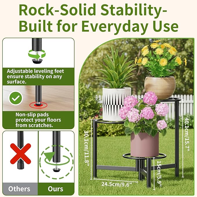 3 Tier Plant Stand Outdoor Tall Metal Corner Plant Stand for Patio Garden Balcony Living Room Bedroom Indoor Tiered Plant Shelf Black Kite