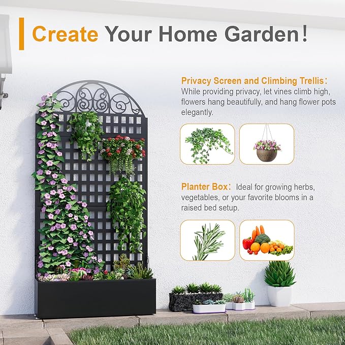 Metal Raised Garden Bed with Trellis, 79"x40"x11.8" Planter Box with Privacy Screen for Patio Deck, Freestanding Divider Fence with Drainage Holes for Climbing Plants Vines & Vegetable