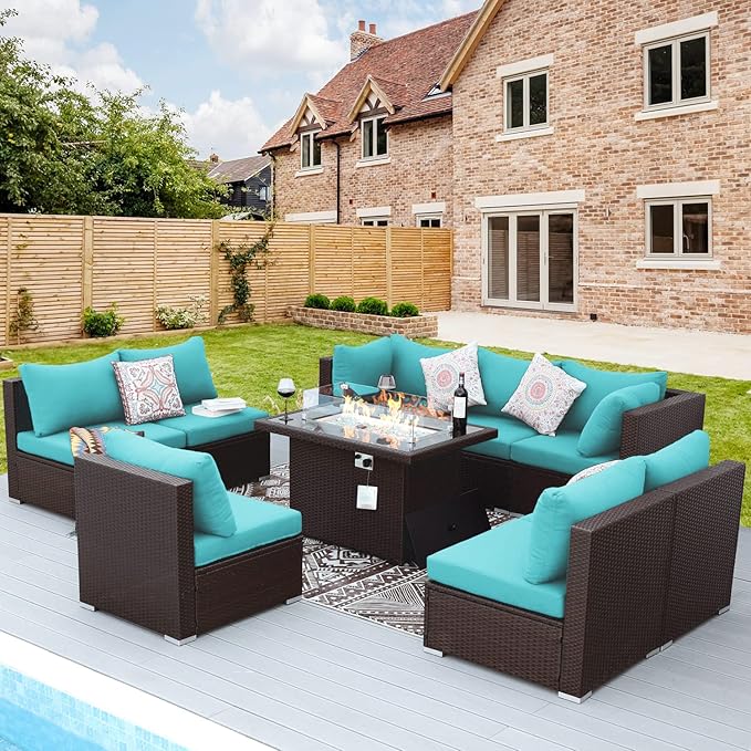 NICESOUL 9 Piece Patio Sectional Set with Firepit Natural Gas/Propane, 29.3'' High Back Tall Big Outdoor Conversation Couch Sets, Wide Sitting Furniture for Outside, Brown Rattan and Teal Cushion