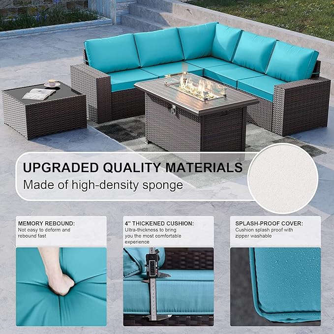 Kullavik 7 Pieces Outdoor Patio Furniture Set with 43" 55000BTU Gas Propane Fire Pit Table PE Wicker Rattan Sectional Sofa Patio Conversation Sets,Blue