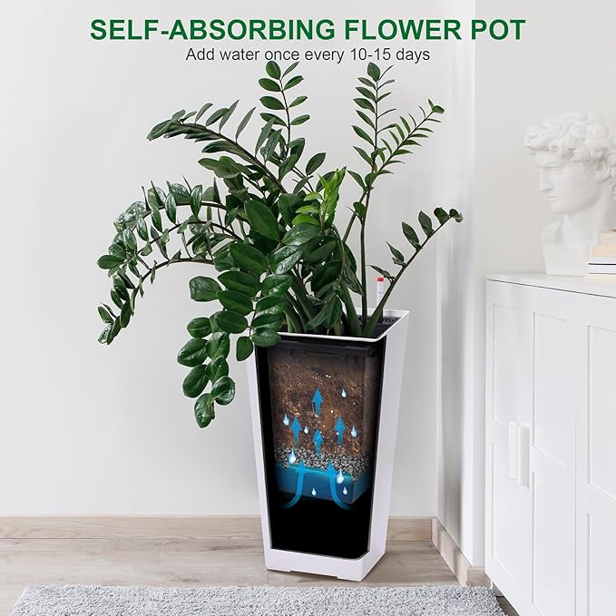 Garvee 22.5" Tall Planters Set of 2, Outdoor＆Indoor Black Planter Pots, High Front Porch Planter Pots with Drainage Holes＆Water Level Monitor＆Inner Bucket,White