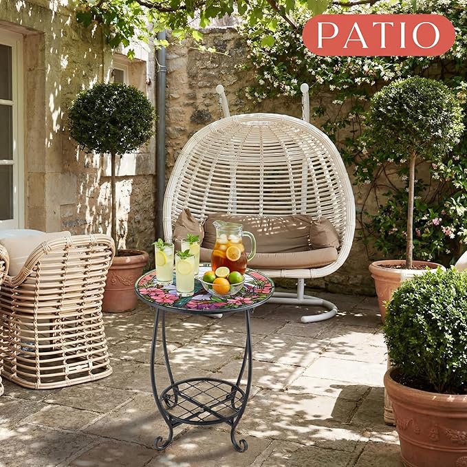 Outdoor Side Table Round Small Mosaic Patio Accent Indoor End Plant Coffee Tea Table for Yard Patio Porch Garden Living Room, Bedroom(Hummingbird Style,16 Inch)