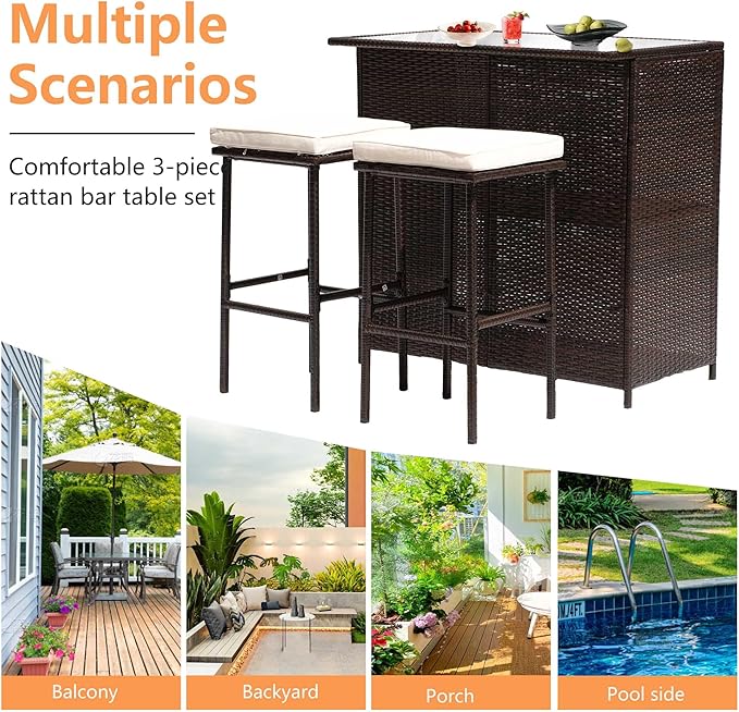 PayLessHere Rattan Bar Set 3Pcs Patio Wicker Bistro Set Sturdy Frame Bar Height Table with Glass Table Top Storage Shelves 2 Bar Stools for Patio Poolside Porch Outdoor Indoor, Khaki (Khaki)