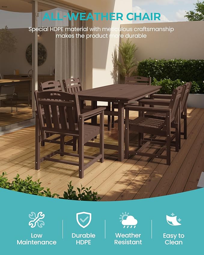 Outdoor Rectangle Dining Table, Heavy-Duty HDPE Table for 6, Weatherproof Patio Table with Umbrella Hole, Rounded Corners for Safety, Brown
