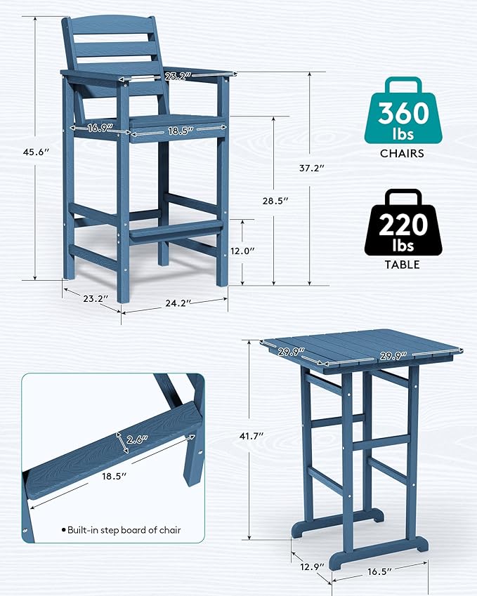 SERWALL 6 Pieces Outdoor Patio Bar Set with 9ft Umbrella, Outdoor HDPE Barstool and Table Furniture Set with Patio Umbrella, Blue