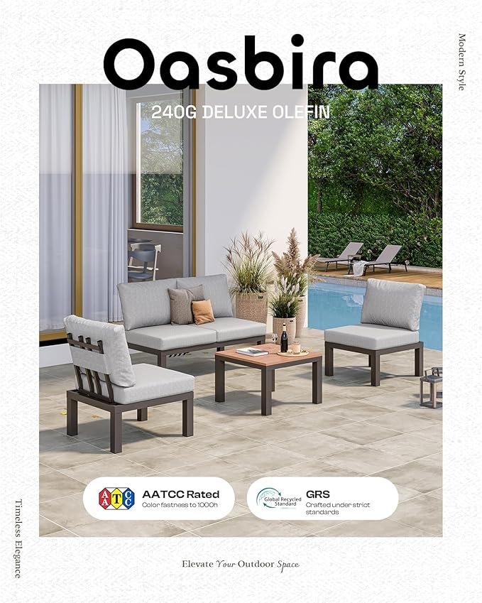 Aluminum Modular Outdoor Patio Furniture Set, 6 Seats Sectional Sofa Set with Adjustable Backrest & Thick Cushions, All-Weather L-Shaped Corner Set with Table for Garden & Yard, Gray