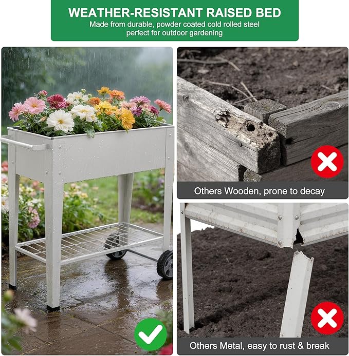 Elevated 32" Tall Raised Garden Bed with Legs and Wheels for Mobility, Metal Planter Boxes Outdoor with Shelf, Raised Bed for Gardening Vegetables/Herbs, Backyard, Patio, Balcony, Grey