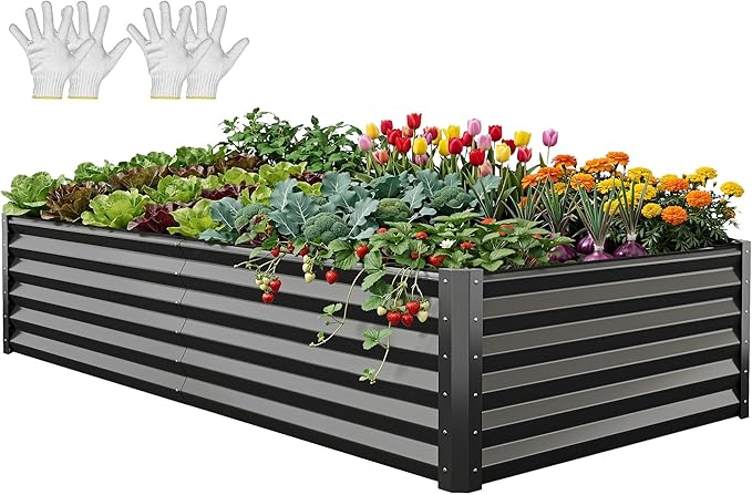 YITAHOME 8x4x1.5ft 2pcs Large Raised Garden Bed Kit, Galvanized Metal Planter Box with Gloves, Ground Nails & Safety Rubber, Outdoor Above Ground Planters for Plants Vegetables Flowers, Black