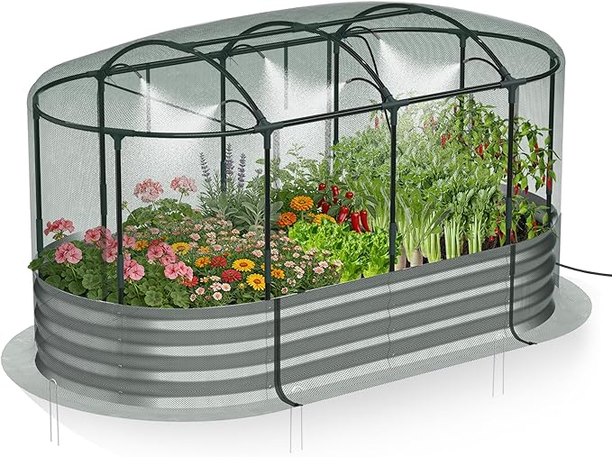 Raised Garden Bed with Self-Watering System, 6x3x1 ft Elevated Planter Boxes Outdoor with Mesh Cover, Oval Galvanized Raised Beds for Gardening,Vegetables,Flowers, Backyard, Patio