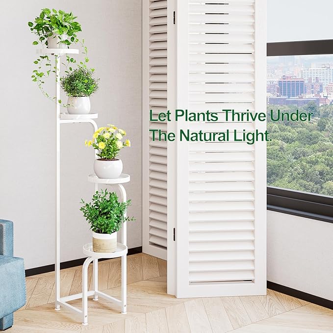 Plant Stand Indoor Outdoor 4 Tier Metal Plant Shelf for Multiple Plants Corner Flower Holders for Living Room Balcony Bedroom Patio Garden, Black (White, 4-Tier)