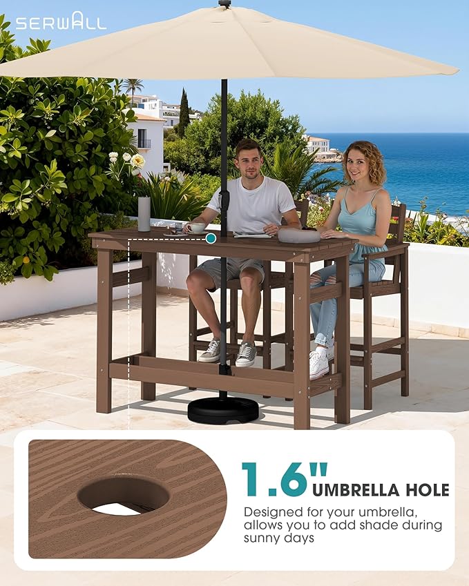 SERWALL Outdoor Bar Set - 4 Adirondack Bar Chairs & Bar Height Table with 1.6" Umbrella Hole, All-Weather HDPE Patio Furniture for Poolside, Backyard, Garden - Brown