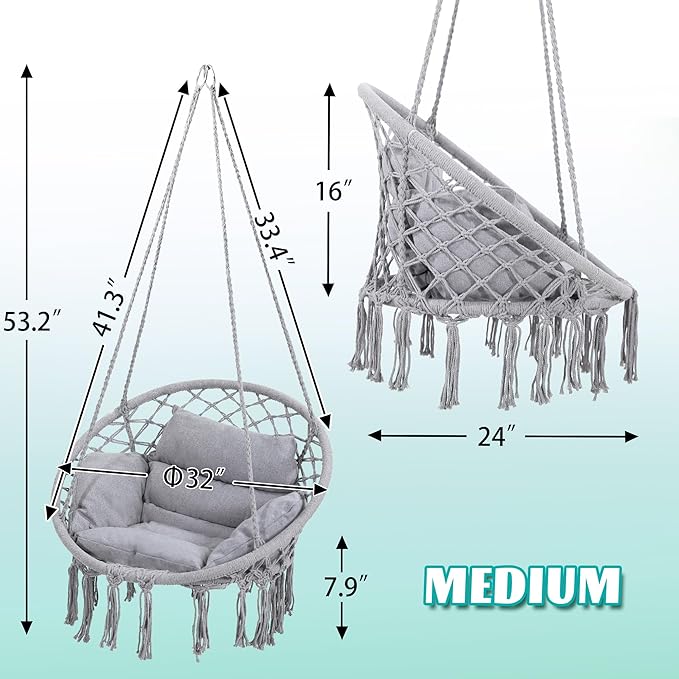 Macrame Hammock Hanging Swinging Chair with Medium Cushion, Perfect for Bedroom, Porch, Adults, Balcony, Grey