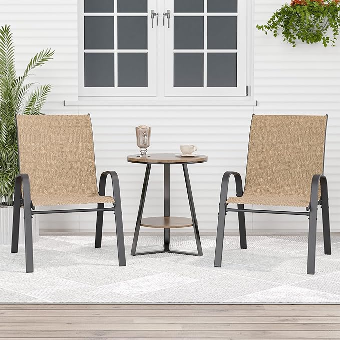 Patio Chairs Set of 2, Outdoor Dining Chairs Stackable for All Weather, Breathable Metal Modern Outside Furniture Chair for Pool Side, Garden, Backyard Deck, Brown