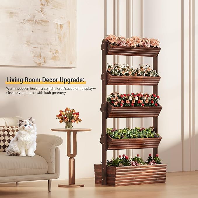 Vertical Wooden Raised Garden Bed Planters Wood Planter Kit Plant Stand Flower Rack Planter Box Gardening Plants Herbs Flowers Vegetables Outdoor Indoor Freestanding (Carbonized 5-Tier)