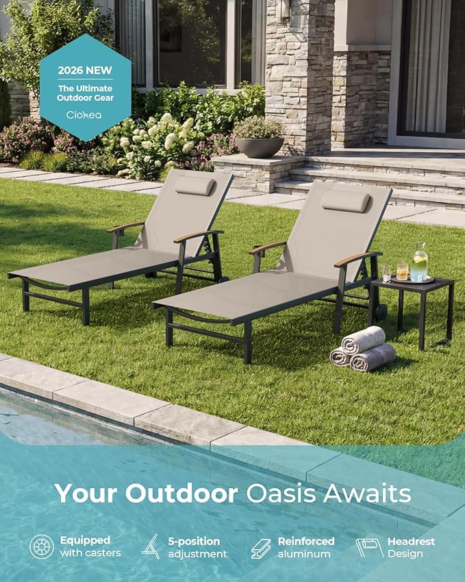 Ciokea Outdoor Lounge Chair with Pillow Set of 2, 5-Position Aluminum Chaise Lounge with Wheels & Armrests, 400 lbs Heavy Duty Patio Pool Chair for Backyard, Deck, Beach & Poolside, Khaki