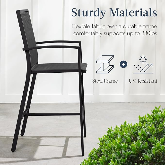 Best Choice Products Outdoor Bar Stools Set of 2, Bar Height, Patio Furniture, All Weather Mesh Design w/Armrest - Black /Black