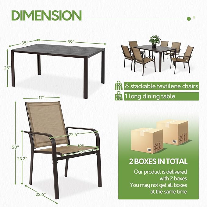 7 Piece Patio Dining Set for 6, 6 Stackable Textilene Chairs and 1 Dining Table Outdoor Furniture Set, Brown