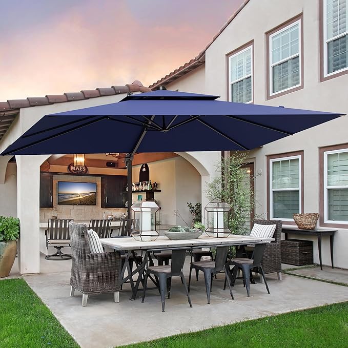 9x12FT Navy Blue Cantilever Outdoor Patio Umbrella with Base, Large Rectangular Offset Design, Double Top Heavy Duty Aluminum Frame & 360° Rotation for Pool Garden Deck Backyard