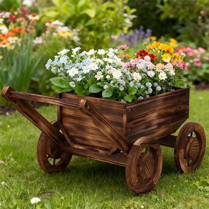 Wooden Flower Cart with Wheels Wooden Wagon Planter Outdoor Garden Planter Decor Planter Kit for Patio Balcony Trolley Decoration Succulent Flower Pot, Indoor Backyard Balcon Decor（Small）
