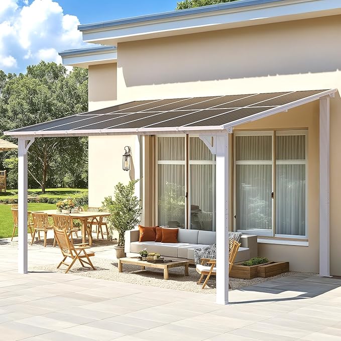 AECOJOY 12' x 8' Outdoor Gazebo Pergola for Patio, Large White Hardtop Lean to 8x12 Gazebo Shelter Pergolas and Gazebos Clearance with Patio Roof, Wall-Mounted Heavy Duty Awnings for Backyard