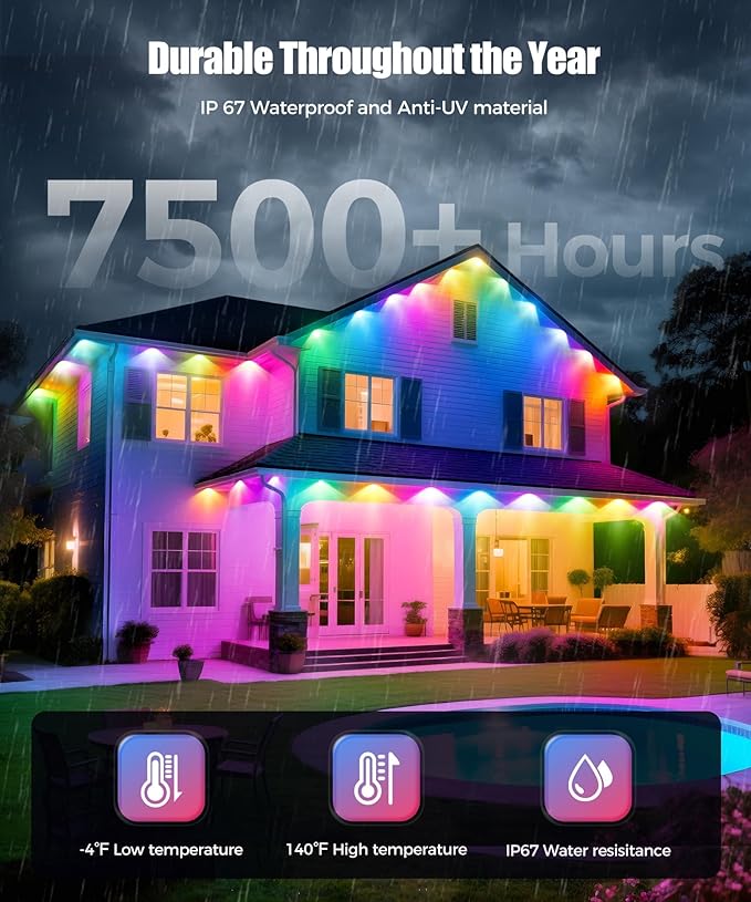 POOFZY Permanent Outdoor Lights for House,100ft RGB+IC Smart Outdoor Decor, 50 Scene Modes,App/Remote Control,IP67 Waterproof,for Christmas,Super Bowl,V-Day,Thanksgiving,Daily & Holiday Party Decor