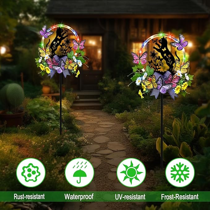 Cat Solar Lights Outdoor Garden,Silhouette Cat with Butterflies Waterproof Garden Stake for Yard, Lawn,Best Gifts for Women