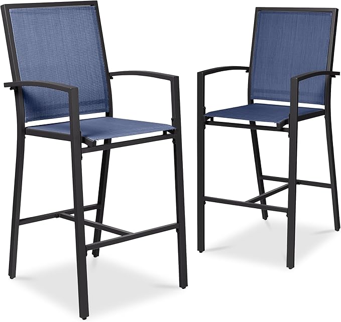 Best Choice Products Outdoor Bar Stools Set of 2, Bar Height, Patio Furniture, All Weather Mesh Design w/Armrest - Black/Navy