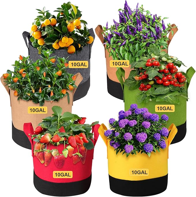 Grow Bags 10 Gallon,6 Pack Fabric Plant Pots with Handles Planter Bag for Outdoor Garden Planting Vegetables Flowers Fruit