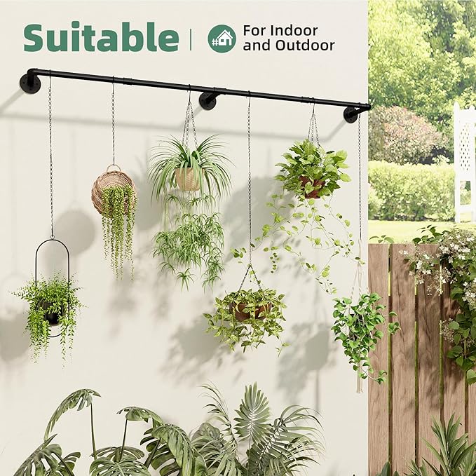 Plant Hanger Indoor with 6 Hanging Chains Hanging Planters for Indoor Plants Hanging Plant Holder Window Plants Rod Black Metal Shelves(70.8 Inch Pot not Included