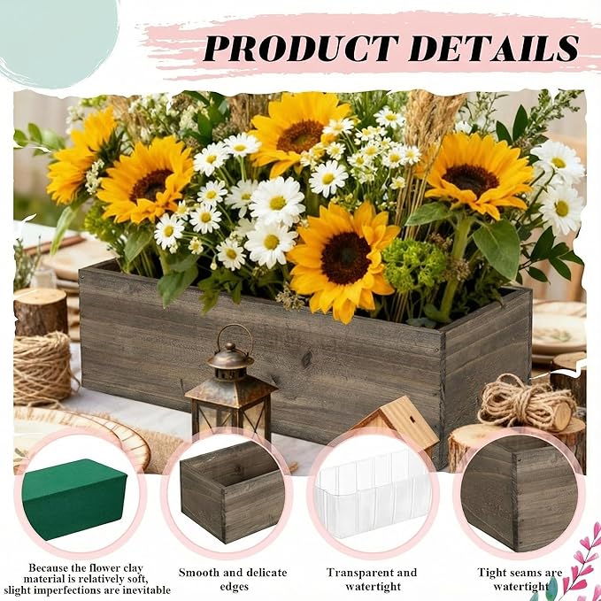 Dandat 1 Set Wood Boxes for Centerpieces 12x4 Inch Rectangle Wooden Planter Box Rustic Wooden Planters with Removable Plastic Liner Floral Foam Blocks for Christmas Wedding Home Garden Decor(Brown)