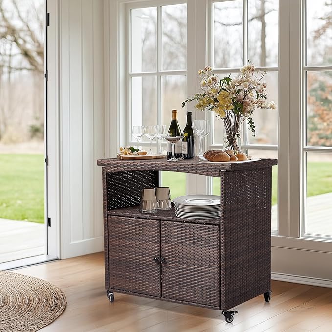 VINGLI Wicker Outdoor Bar Cart with Storage & Rolling Wheels, Patio Bar Table w/Shelf, Outdoor Storage Cabinet Buffet Cabinet Grill Cart for BBQ Pool Patio Kitchen, Brown