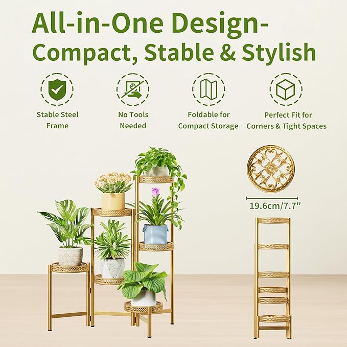 6 Tiered Plant Stand Indoor for Multiple Large Planter, Tall Heavy Duty Adjustable Folding Rack with Rustproof 7.9 Inch Wide Tray, Plant Shelf for Corner Living Room - GoldWave
