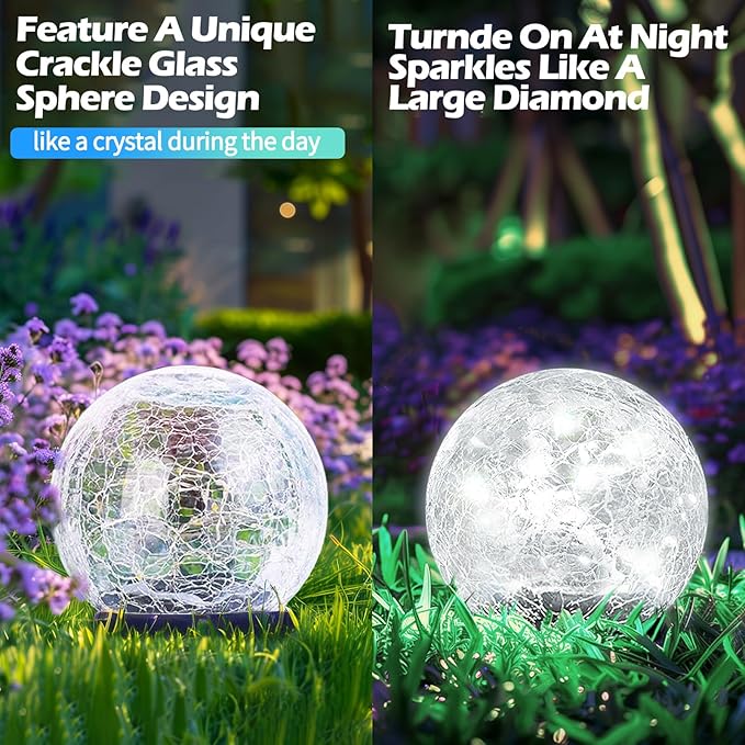 Coroor Garden Solar Ball Lights Outdoor Waterproof, 50 LED Cracked Glass Globe Power Ground for Path Yard Patio Lawn, Outdoor Decoration Landscape White (2 Pack 4.7'')